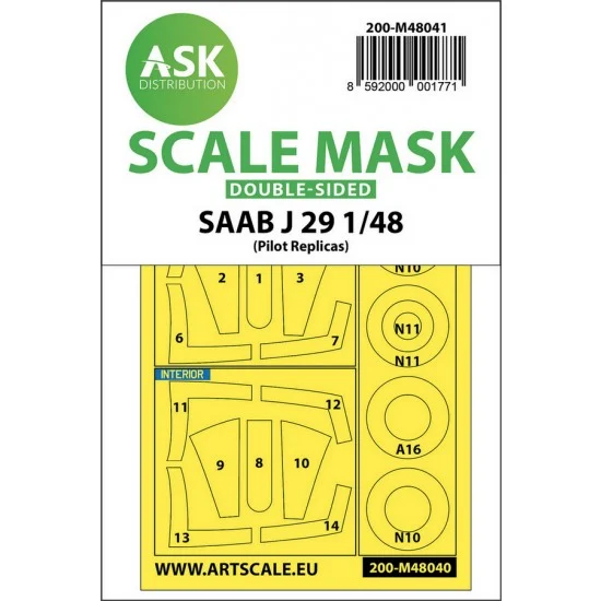 Art Scale Kit M48041 1/48 SAAB J29 B Double-sided Paint Masking for Pilot Replicas kits