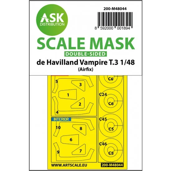 Art Scale Kit M48044 1/48 De Havilland Vampire T.3 Double-sided Paint Masking for Airfix kits