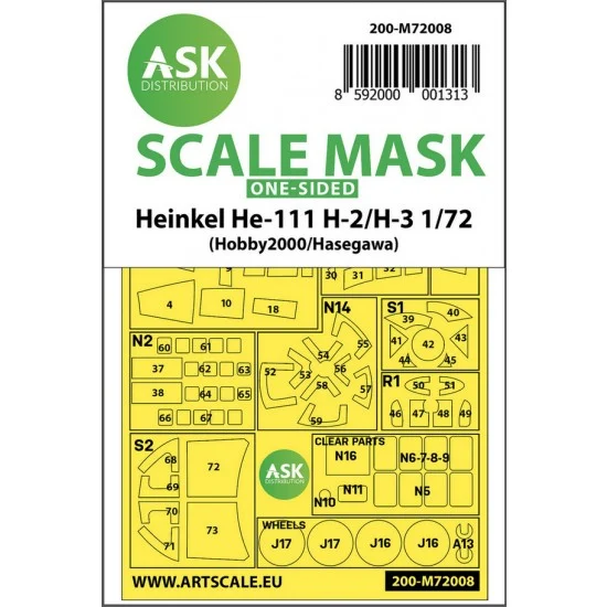 Art Scale Kit M72008 1/72 Heinkel He 111H-2/H-3 One-sided Paint Masking for Hasegawa / Hobby2000