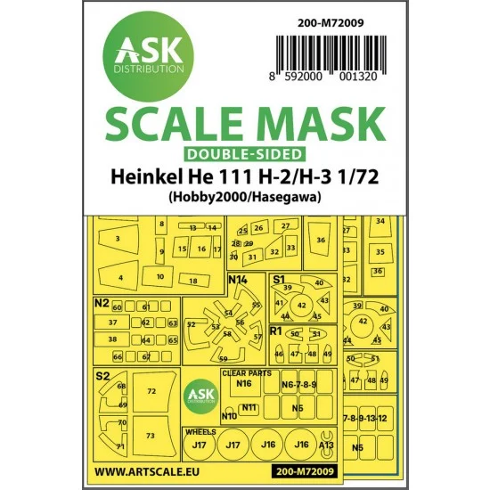 Art Scale Kit M72009 1/72 Heinkel He 111H-2/H-3 Double-sided Paint Masking for Hasegawa / Hobby2000