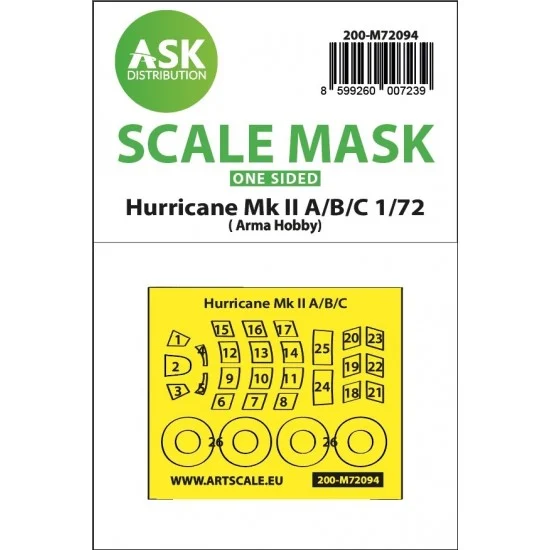 Art Scale Kit M72094 1/72 Hawker Hurricane Mk.II A/B/C One-sided Express Fit Mask for Arma Hobby kits