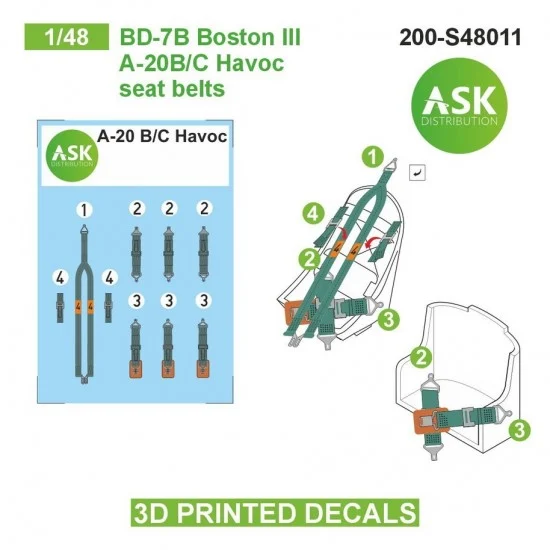 Art Scale Kit S48011 1/48 Bd-7B Boston Iii / A-20B/C Havoc Seat Beltsed 3D-printed Decals