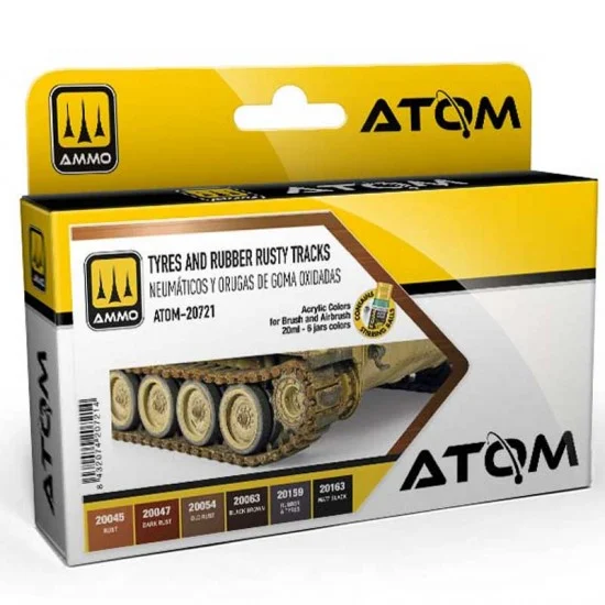 AMMO by Mig Jimenez 20721 Acrylic Paints - ATOM #Tyres and Rubber Rusty Tracks (6 jars, each: 20ml)