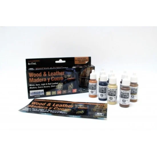 Vallejo 70182 Model Colour Acrylic Paint Set - Wood and Leather (8x 17ml)