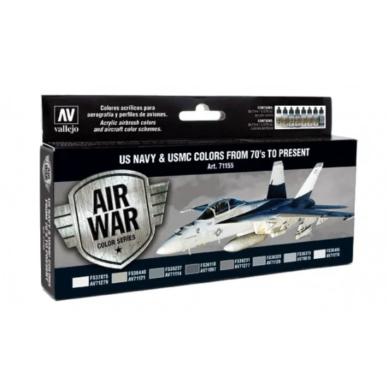 Vallejo 71155 Model Air Acrylic Paint Set - US Navy and USMC Colours from 70's to present (8 x 17ml)