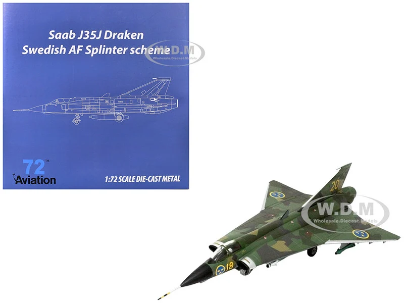Saab J35J Draken Fighter Aircraft "Splinter Camouflage Scheme, F 18 Sodertorn Wing" (1972) Swedish Air Force 1/72 Diecast Model Airplane by Aviation 72 - Saab Models