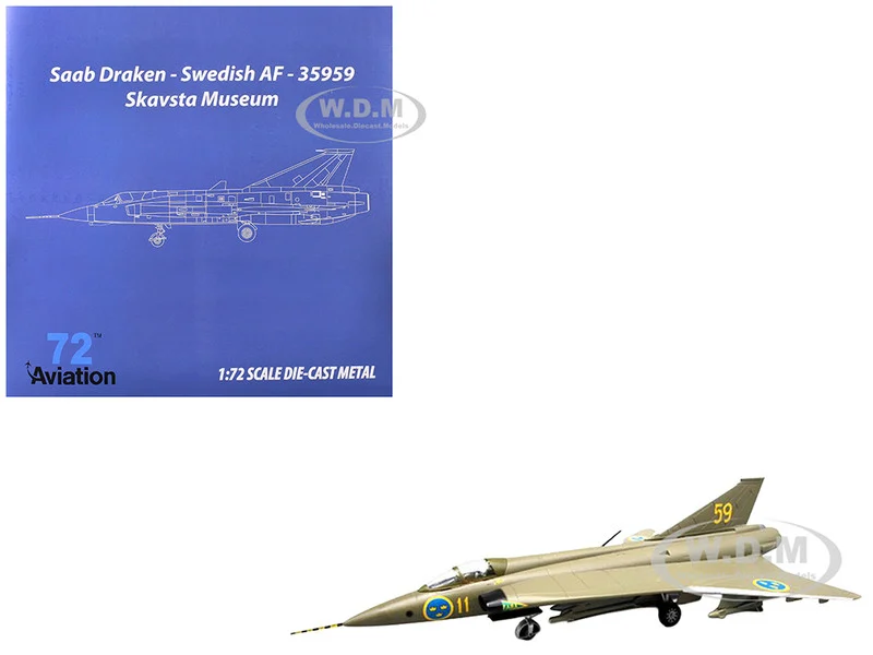 Saab S35 Draken Fighter Aircraft "59, F 11 Wing, Skavsta Museum" (1979) Swedish Air Force 1/72 Diecast Model Airplane by Aviation 72 - Saab Models