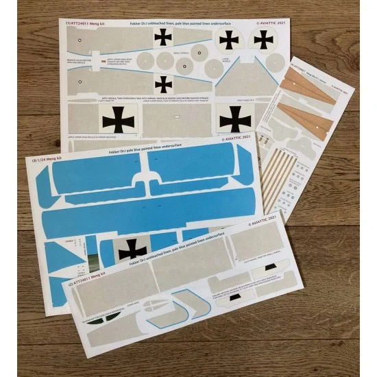 Aviattic ATT24011 1/24 Fokker Dr.I Blue Paint On Linen Undersurfaces, Insignia Fields Decals for Meng kits - Model Planes