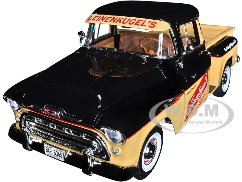 1957 Chevrolet 3100 Stepside Pickup Truck Black and Tan with Graphics "Leinenkugle's Beer The Pride of Chippewa Falls" 1/18 Diecast Model by Auto World - Chevrolet Models