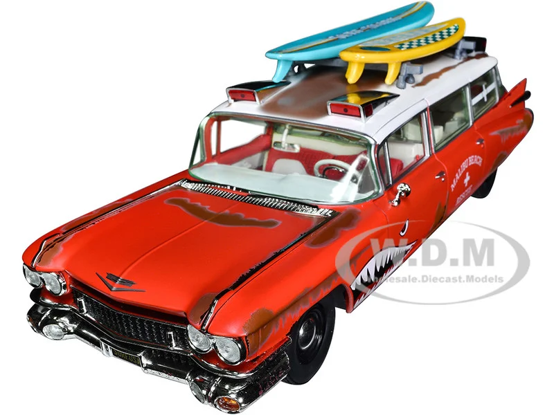 1959 Cadillac Eldorado Ambulance Red with White Top "Malibu Beach Rescue" (Weathered) with Surfboards on Roof "Surf Shark" 1/18 Diecast Model Car by Auto World - Cadillac Models