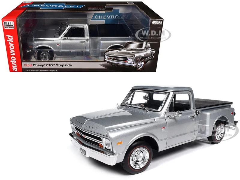 1968 Chevrolet C10 Stepside Pickup Truck Silver Metallic 1/18 Diecast Model Car by Auto World - Chevrolet Models