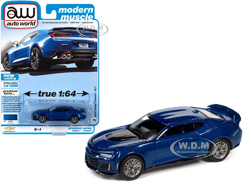 2018 Chevrolet Camaro ZL1 Hyper Blue Metallic "Modern Muscle" Limited Edition to 13000 pieces Worldwide 1/64 Diecast Model Car by Auto World - Chevrolet Models