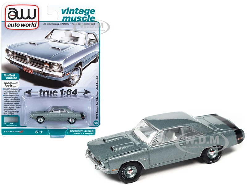 1971 Dodge Dart Swinger 340 Special Light Gunmetal Gray Metallic with Black Tail Stripe "Vintage Muscle" Limited Edition 1/64 Diecast Model Car by Auto World - Dodge Models