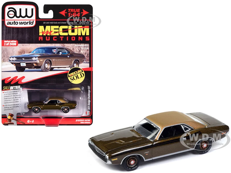 1971 Dodge Challenger R/T Dark Gold Metallic with Gold Vinyl Roof "Mecum Auctions" Limited Edition to 2496 pieces Worldwide "Premium" Series 1/64 Diecast Model Car by Auto World - Dodge Models
