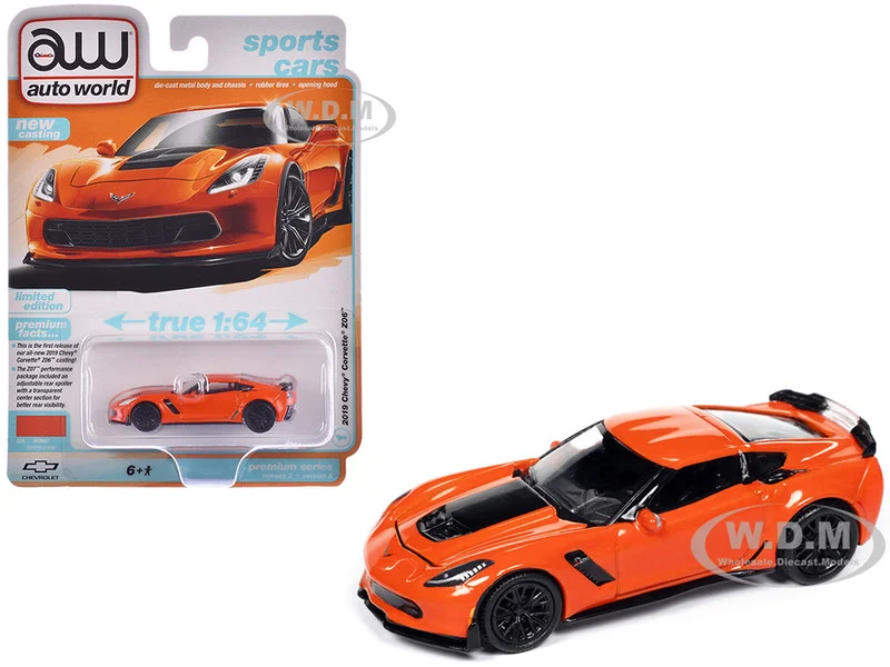 2019 Chevrolet Corvette Z06 Sebring Orange with Black Hood "Sports Cars" Series 1/64 Diecast Model Car by Auto World - Chevrolet Models