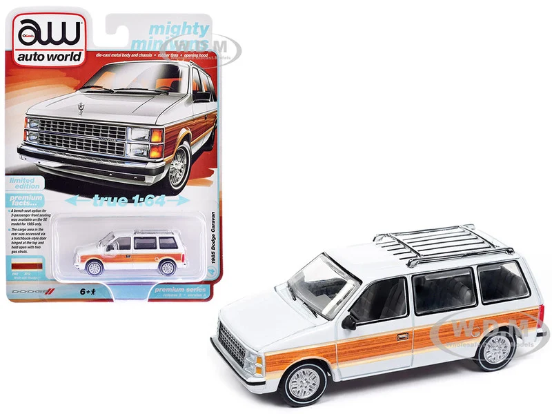 1985 Dodge Caravan Van White with Woodgrain Side Panels "Mighty Minivans" Series 1/64 Diecast Model Car by Auto World - Dodge Models