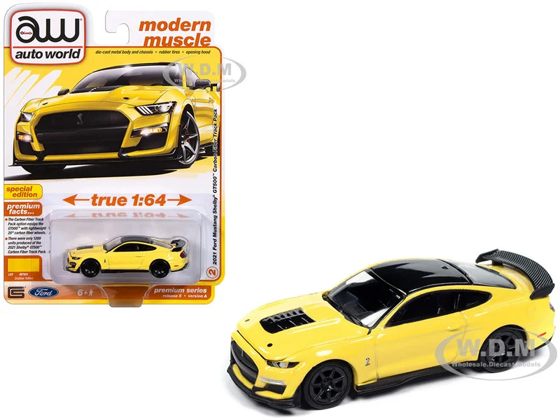 2021 Ford Mustang Shelby GT500 Carbon Fiber Track Pack Grabber Yellow with Black Top "Modern Muscle" Series 1/64 Diecast Model Car by Auto World - Ford Models