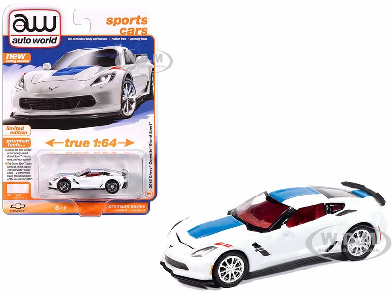 2018 Chevrolet Corvette Grand Sport Arctic White with Blue Stripe and Red Interior "Sports Cars" Series 1/64 Diecast Model Car by Auto World - Chevrolet Models