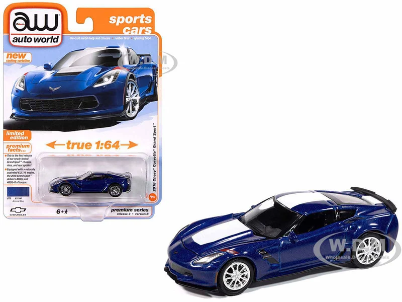 2018 Chevrolet Corvette Grand Sport Admiral Blue with White Stripe "Sports Cars" Series 1/64 Diecast Model Car by Auto World - Chevrolet Models
