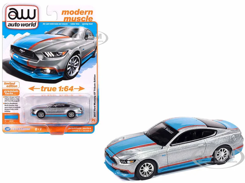 2017 Ford Mustang GT Tribute Edition "Petty's Garage" Ingot Silver Metallic with Petty Blue and Red Stripes "Modern Muscle" Series 1/64 Diecast Model Car by Auto World - Ford Models