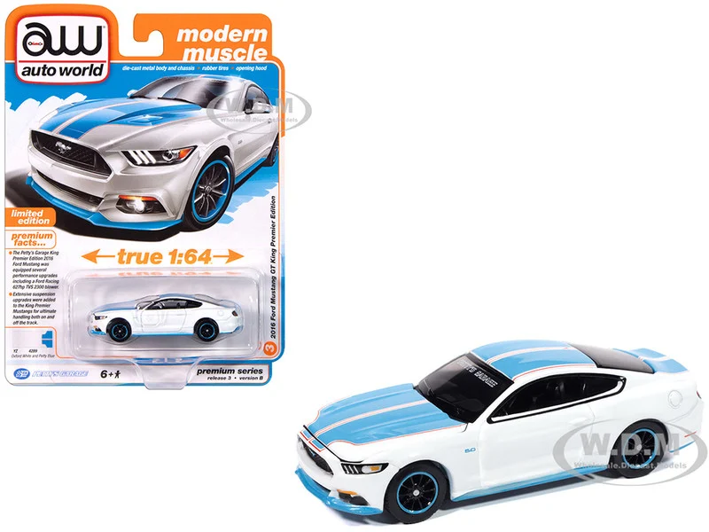 2016 Ford Mustang GT King Premier Edition "Petty's Garage" Oxford White with Petty Blue Stripes "Modern Muscle" Series 1/64 Diecast Model Car by Auto World - Ford Models