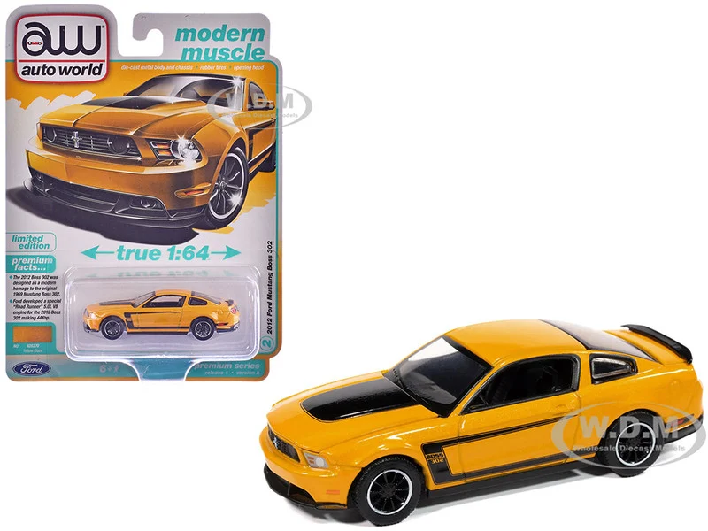 2012 Ford Mustang Boss 302 Yellow Blaze with Black Accents "Modern Muscle" Series 1/64 Diecast Model Car by Auto World - Ford Models