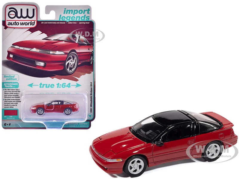 1991 Mitsubishi Eclipse GSX Maranello Red with Black Top "Import Legends" Series 1/64 Diecast Model Car by Auto World - Mitsubishi Models