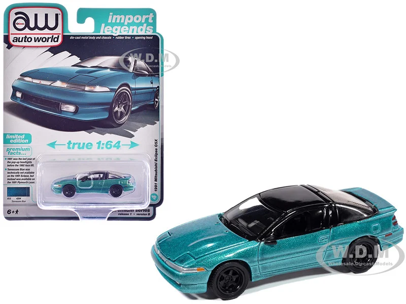 1991 Mitsubishi Eclipse GSX Tennessee Blue Metallic with Black Top "Import Legends" Series 1/64 Diecast Model Car by Auto World - Mitsubishi Models