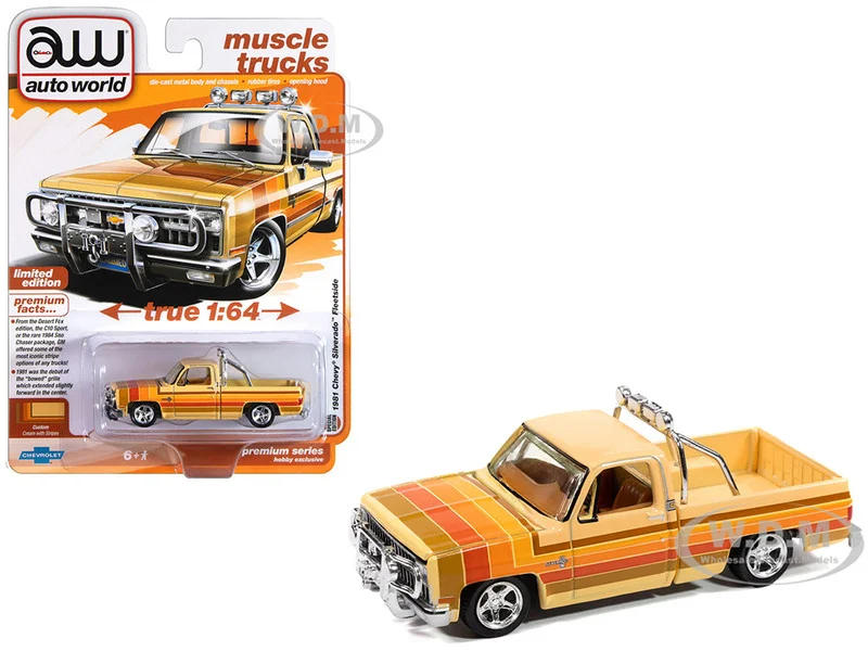 1981 Chevrolet Silverado Fleetside Pickup Truck Cream with Stripes "Hobby Exclusive" Series 1/64 Diecast Model Car by Auto World - Chevrolet Models