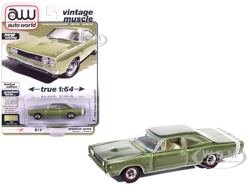 1968 Dodge Coronet R/T Medium Green Metallic with White Interior "Vintage Muscle" Series 1/64 Diecast Model Car by Auto World - Dodge Models