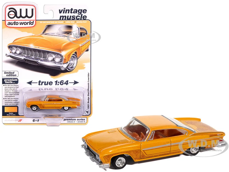 1961 Dodge Dart Phoenix Lowrider Mango Smoothie Metallic with Graphics and Orange Interior "Vintage Muscle" Series 1/64 Diecast Model Car by Auto World - Dodge Models