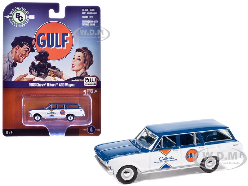 1963 Chevrolet II Nova 400 Wagon "Gulf" Blue and White with Blue Interior "Big Country Collectibles" 2025 Series 1/64 Diecast Model Car by Auto World - Chevrolet Models