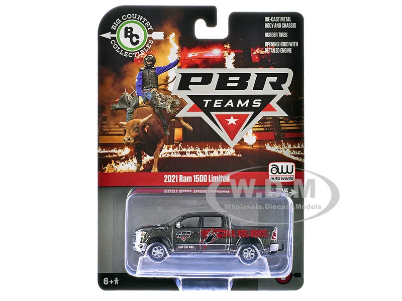 2021 Ram 1500 Limited Pickup Truck "PBR (Professional Bull Riders)" Gray Metallic with Graphics "Big Country Collectibles" 2025 Series 1/64 Diecast Model Car by Auto World - Pickup Trucks Models