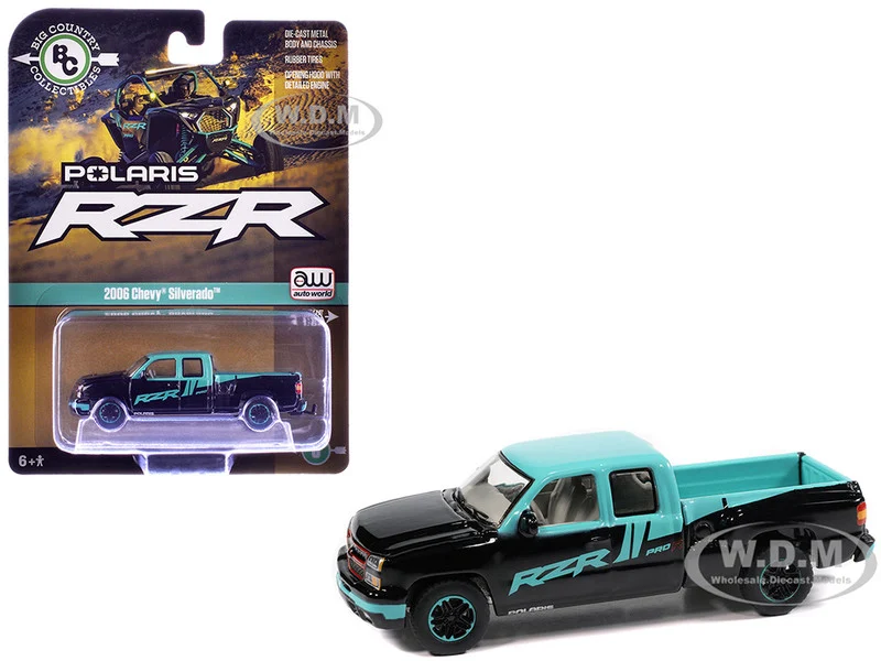 2006 Chevrolet Silverado Pickup Truck "Polaris RZR" Black and Blue "Big Country Collectibles" 2025 Series 1/64 Diecast Model Car by Auto World - Chevrolet Models