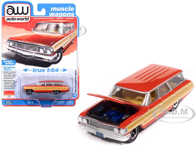 1964 Ford Country Squire Poppy Red with Woodgrain Sides "Muscle Wagons" Series 1/64 Diecast Model Car by Auto World - Ford Models