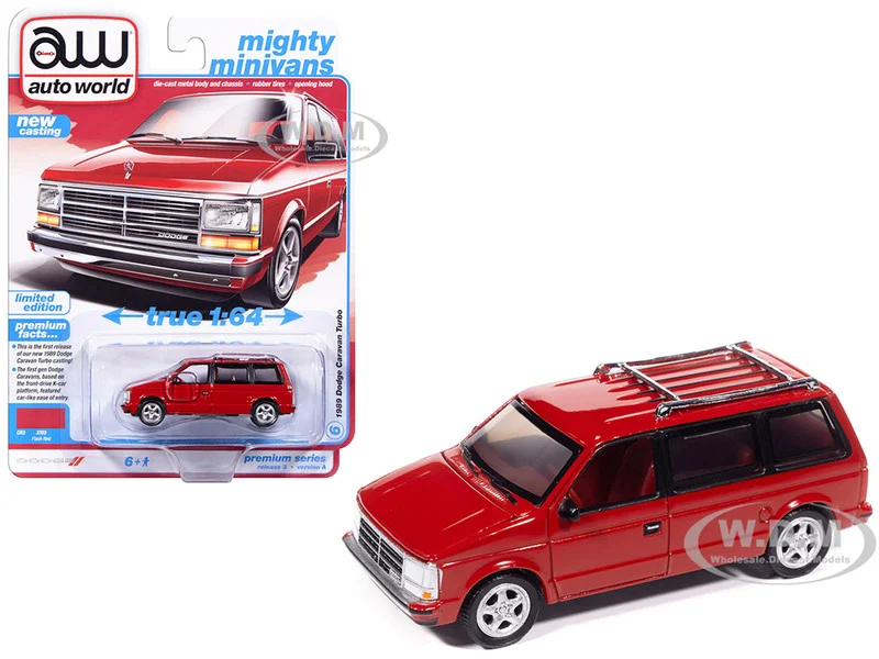 1989 Dodge Caravan Turbo Van Flash Red "Mighty Minivans" Series 1/64 Diecast Model Car by Auto World - Dodge Models