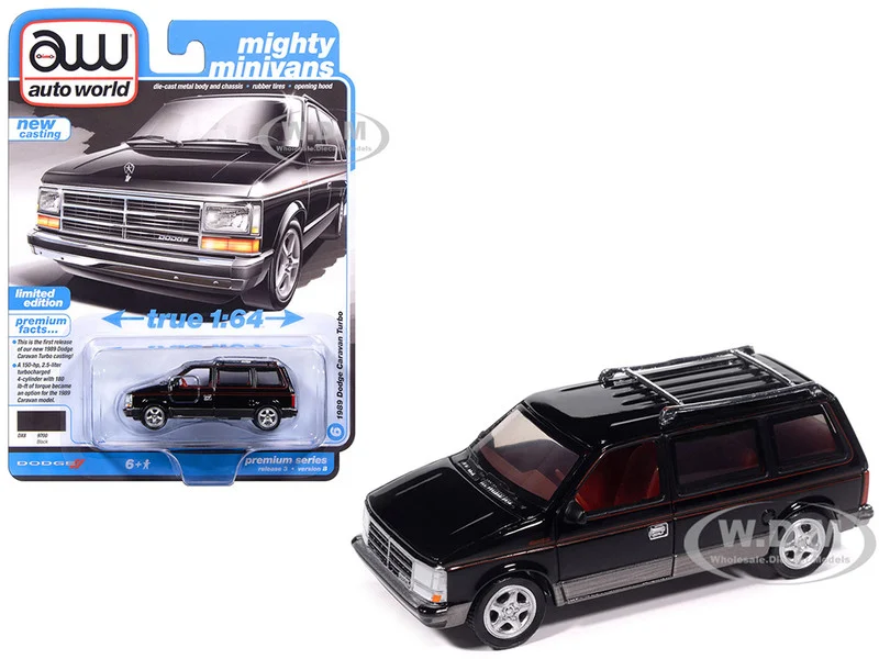 1989 Dodge Caravan Turbo Van Black with Red Stripes and Interior "Mighty Minivans" Series 1/64 Diecast Model Car by Auto World - Dodge Models