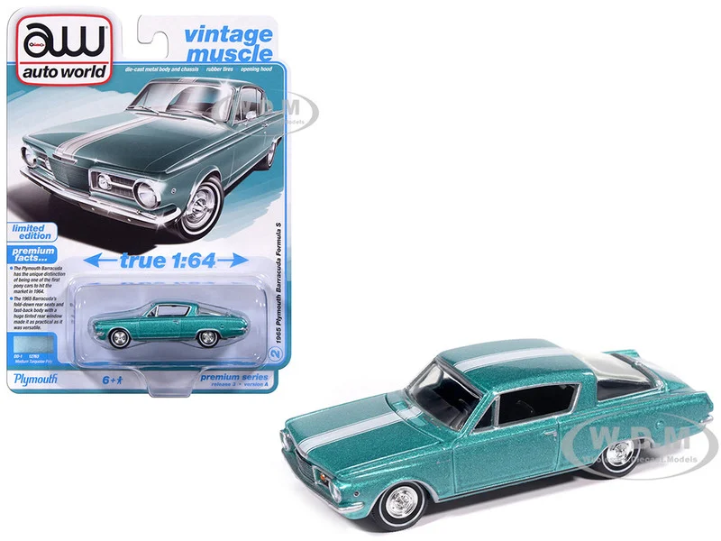 1965 Plymouth Barracuda Formula S Turquoise Metallic with White Stripe "Vintage Muscle" Series 1/64 Diecast Model Car by Auto World - Plymouth Models