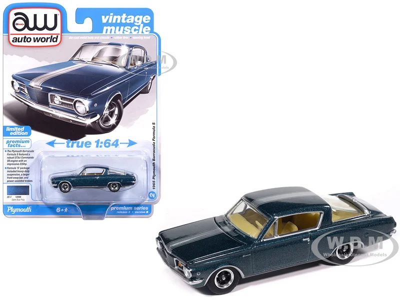 1965 Plymouth Barracuda Formula S Dark Blue Metallic with Silver Stripe "Vintage Muscle" Series 1/64 Diecast Model Car by Auto World - Plymouth Models