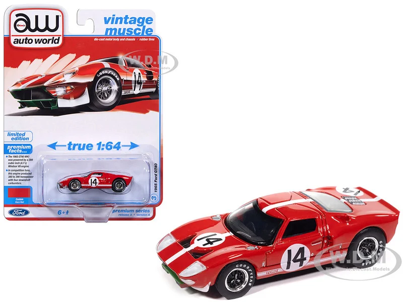 1965 Ford GT40 #14 Red with White Stripes "Vintage Muscle" Series 1/64 Diecast Model Car by Auto World - Ford Models