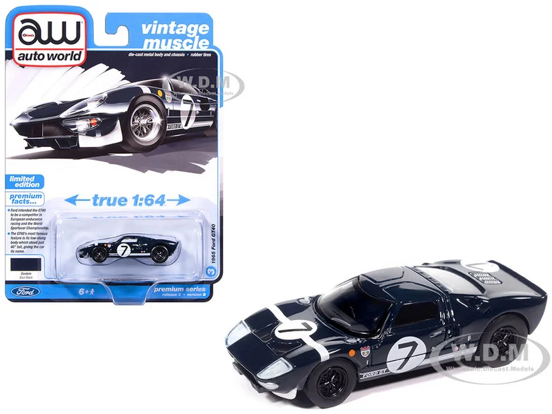 1965 Ford GT40 #7 Blue Black with White Stripes "Vintage Muscle" Series 1/64 Diecast Model Car by Auto World - Ford Models
