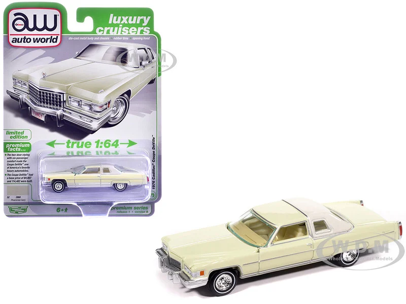 1976 Cadillac Coupe DeVille Phoenician Ivory "Luxury Cruisers" Series 1/64 Diecast Model Car by Auto World - Cadillac Models