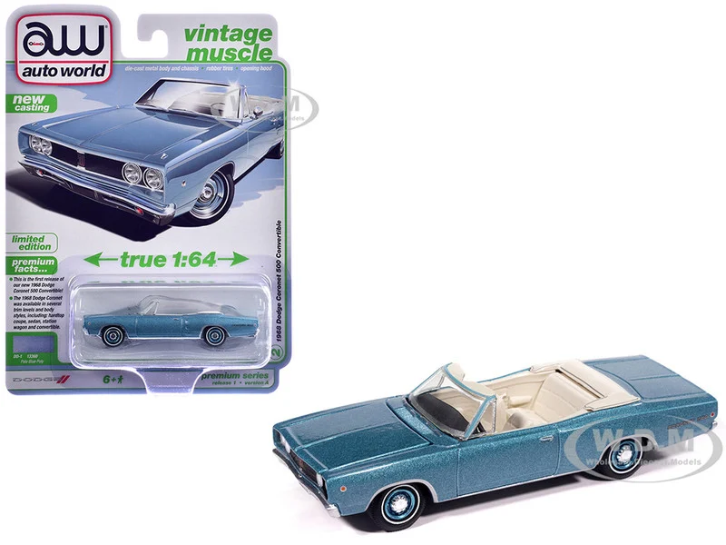 1968 Dodge Coronet 500 Convertible Pale Blue Metallic with White Interior "Vintage Muscle" Series 1/64 Diecast Model Car by Auto World - Dodge Models