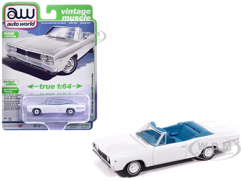 1968 Dodge Coronet 500 Convertible White with Blue Interior "Vintage Muscle" Series 1/64 Diecast Model Car by Auto World - Dodge Models