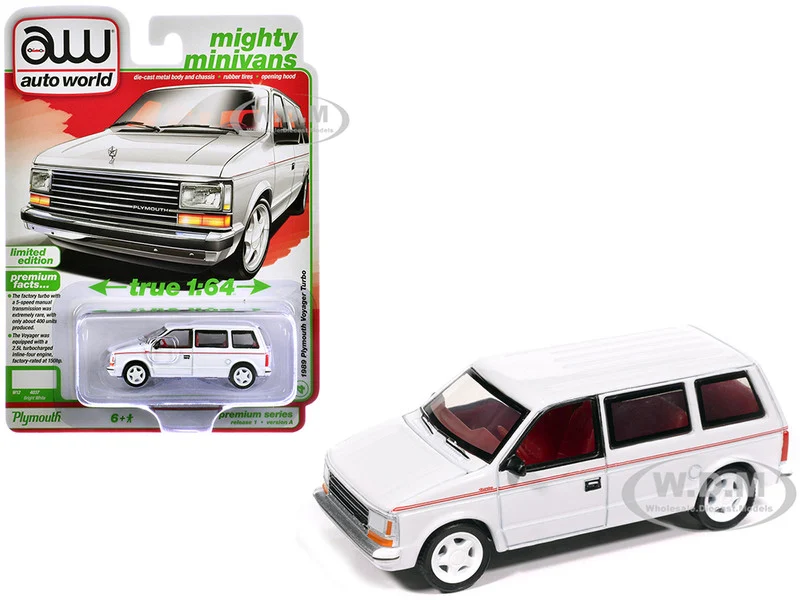 1989 Plymouth Voyager Turbo Van Bright White with Red Stripes and Interior "Mighty Minivans" Series 1/64 Diecast Model Car by Auto World - Plymouth Models