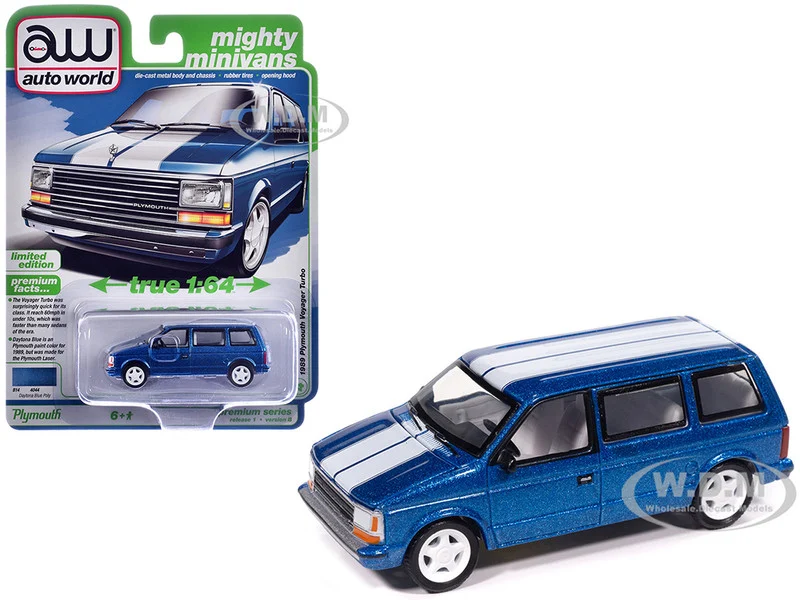 1989 Plymouth Voyager Turbo Van Daytona Blue Metallic with White Stripes and Interior "Mighty Minivans" Series 1/64 Diecast Model Car by Auto World - Plymouth Models