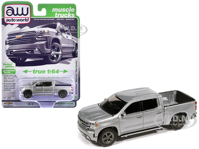 2019 Chevrolet Silverado High Country Pickup Truck Silver Ice Metallic "Muscle Trucks" Series 1/64 Diecast Model Car by Auto World - Chevrolet Models
