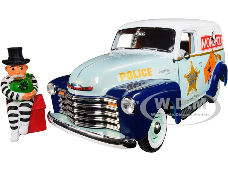 1948 Chevrolet Panel Police Van with Mr. Monopoly Figurine "Monopoly" 1/18 Diecast Model Car by Auto World - Chevrolet Models