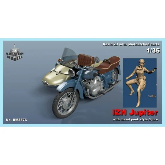 Balaton Modell BM3576 1/35 IZH Jupiter Motorcycle with Female Dieselpunk Style Figure - Model Motorcycles