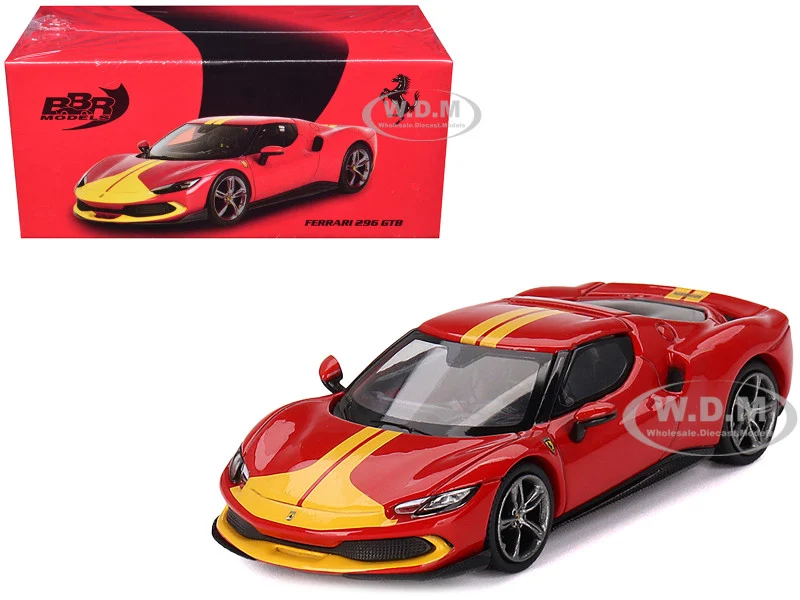Ferrari 296 GTB Assetto Fiorano Rosso Corsa Red with Yellow Stripes 1/64 Diecast Model Car by BBR - Ferrari Models
